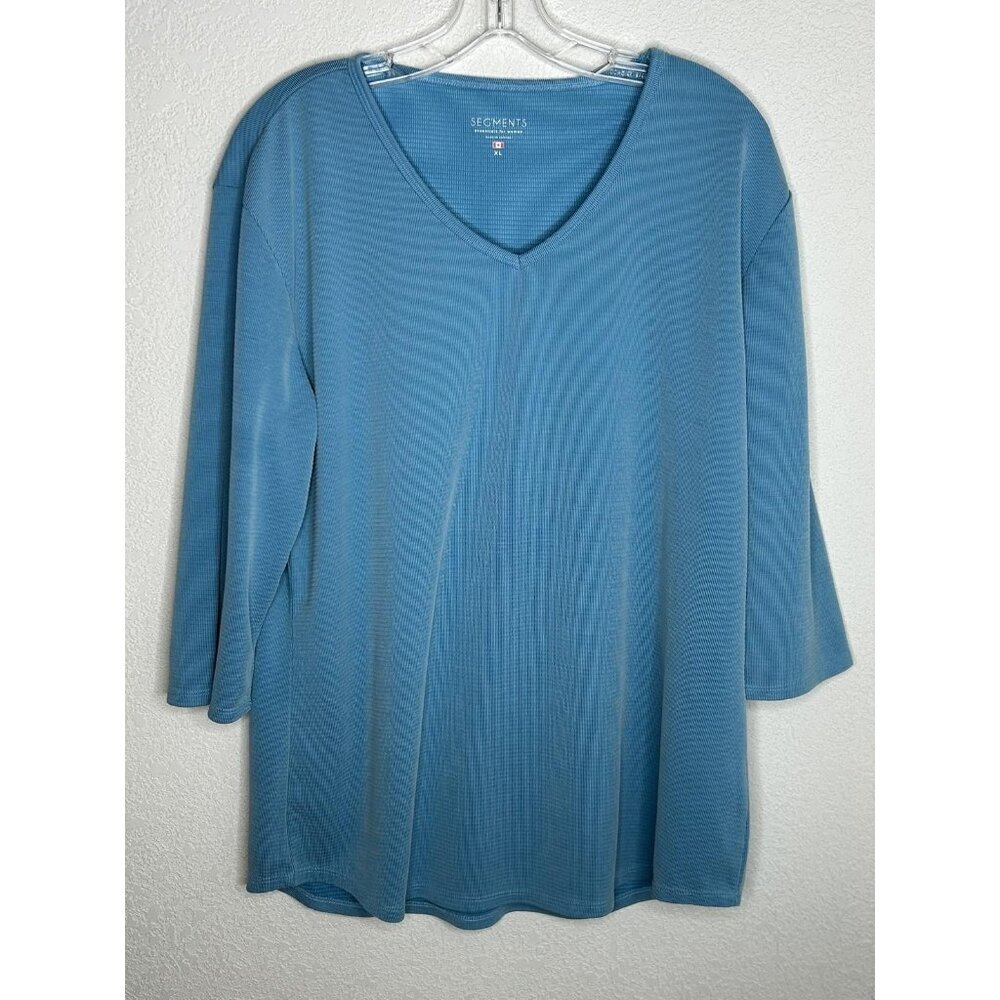 Segments Shirt Womens XL Blue Tencel Blend V Neck 3/4 Sleeve Waffle Knit Top